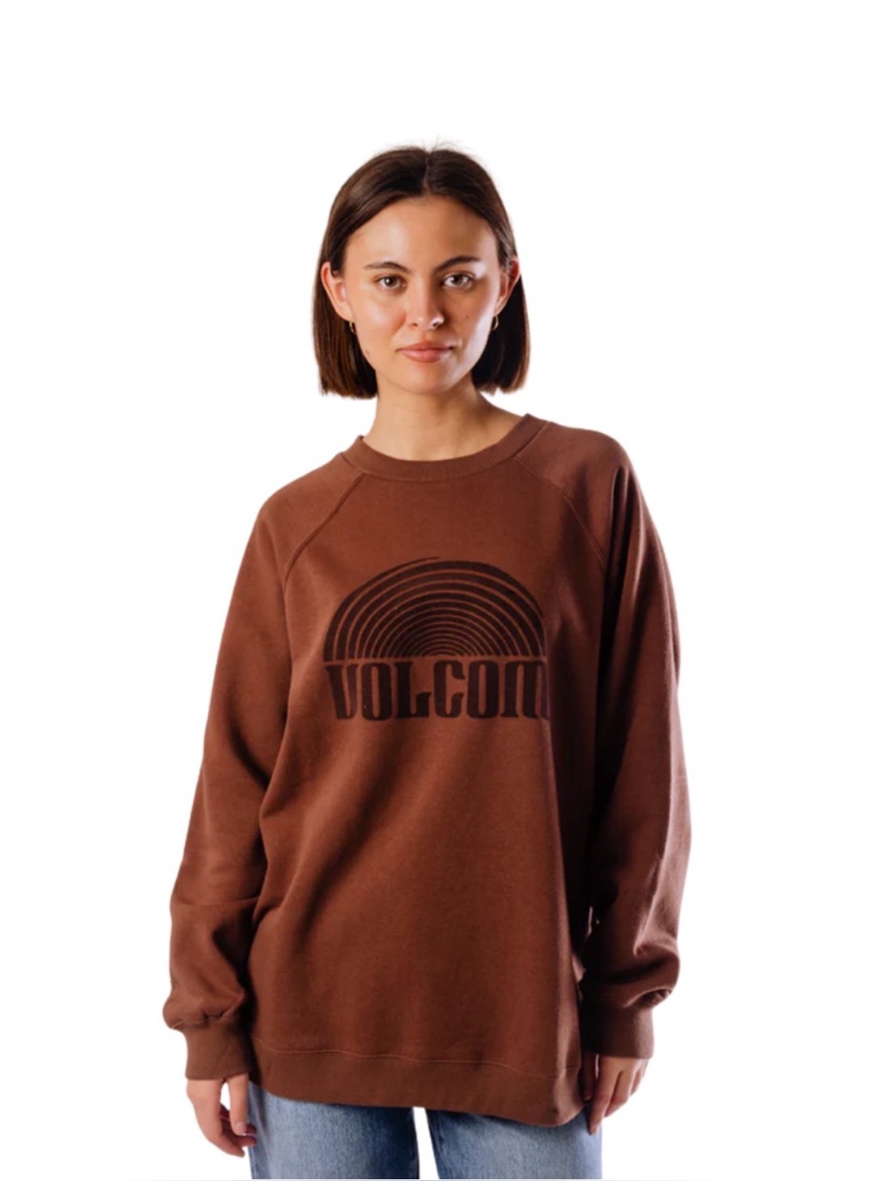 NWOT Women’s Volcom Chocolate Brown Crewneck Sweatshirt with Retro Logo